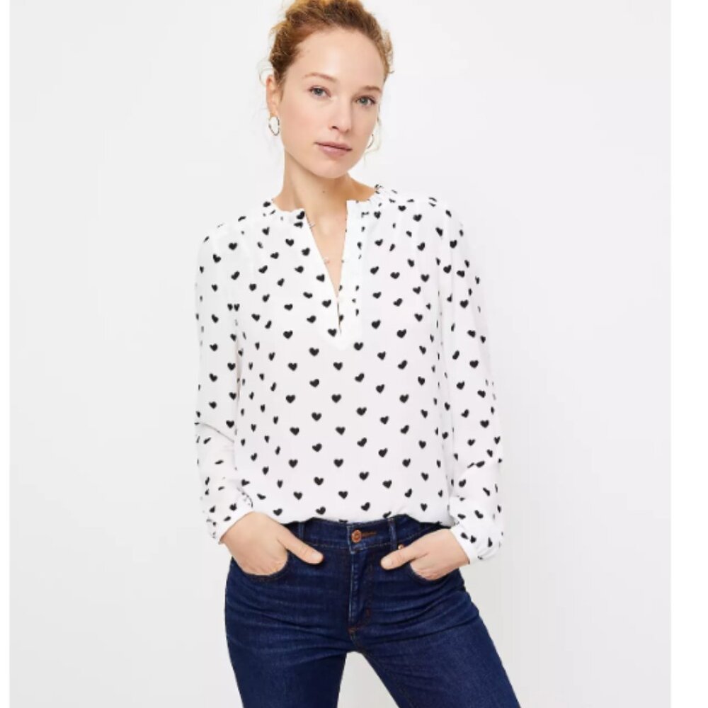 Loft White Heart Print Split Neck Blouse - Size XXL